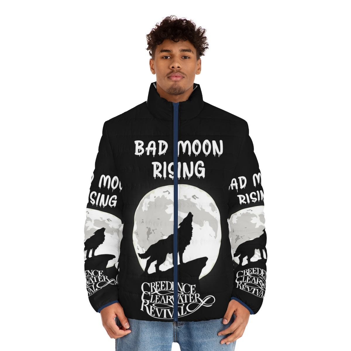 Creedance Clearwater Revival "Bad Moon Rising" puffer jacket with vintage music and fashion design - men front