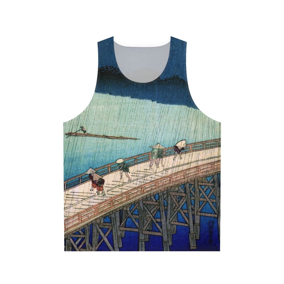 Unisex tank top featuring the Japanese ukiyo-e artwork "Sudden Shower Over Shin Ohashi Bridge" by Hiroshige