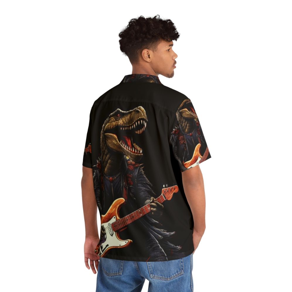 Dinosaur playing guitar graphic on a colorful Hawaiian-style shirt - People Back