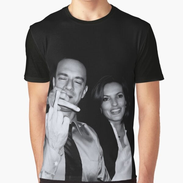 Graphic t-shirt design featuring the actors who play Elliot Stabler and Olivia Benson from the TV series "Law & Order: Special Victims Unit" making a defiant gesture.