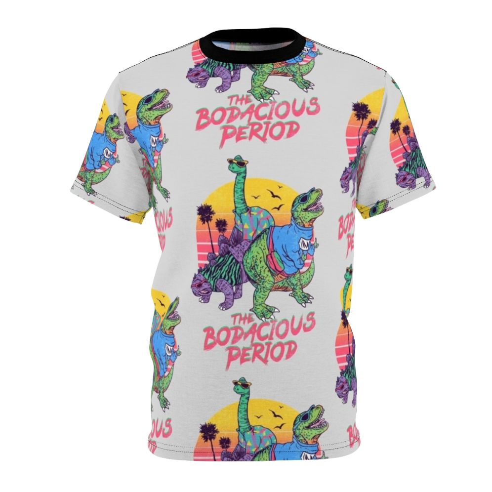 Retro 80s style t-shirt with a fun dinosaur graphic design