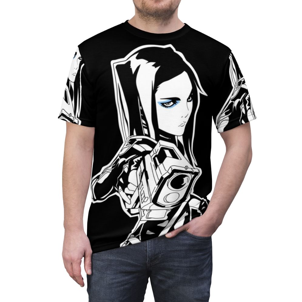 Anime sci-fi character t-shirt featuring the character Re L Mayer from the series Ergo Proxy. - men front