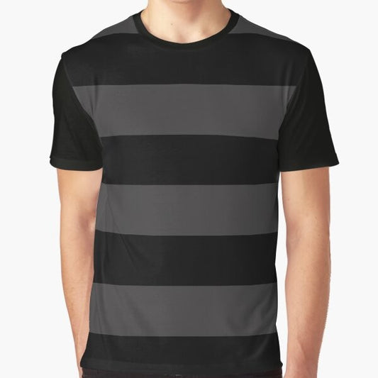 Black and grey horizontal stripe pattern graphic t-shirt