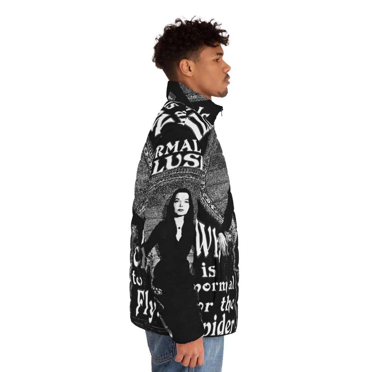 Morticia Addams inspired puffer jacket with "Normal Is An Illusion" quote - men side right