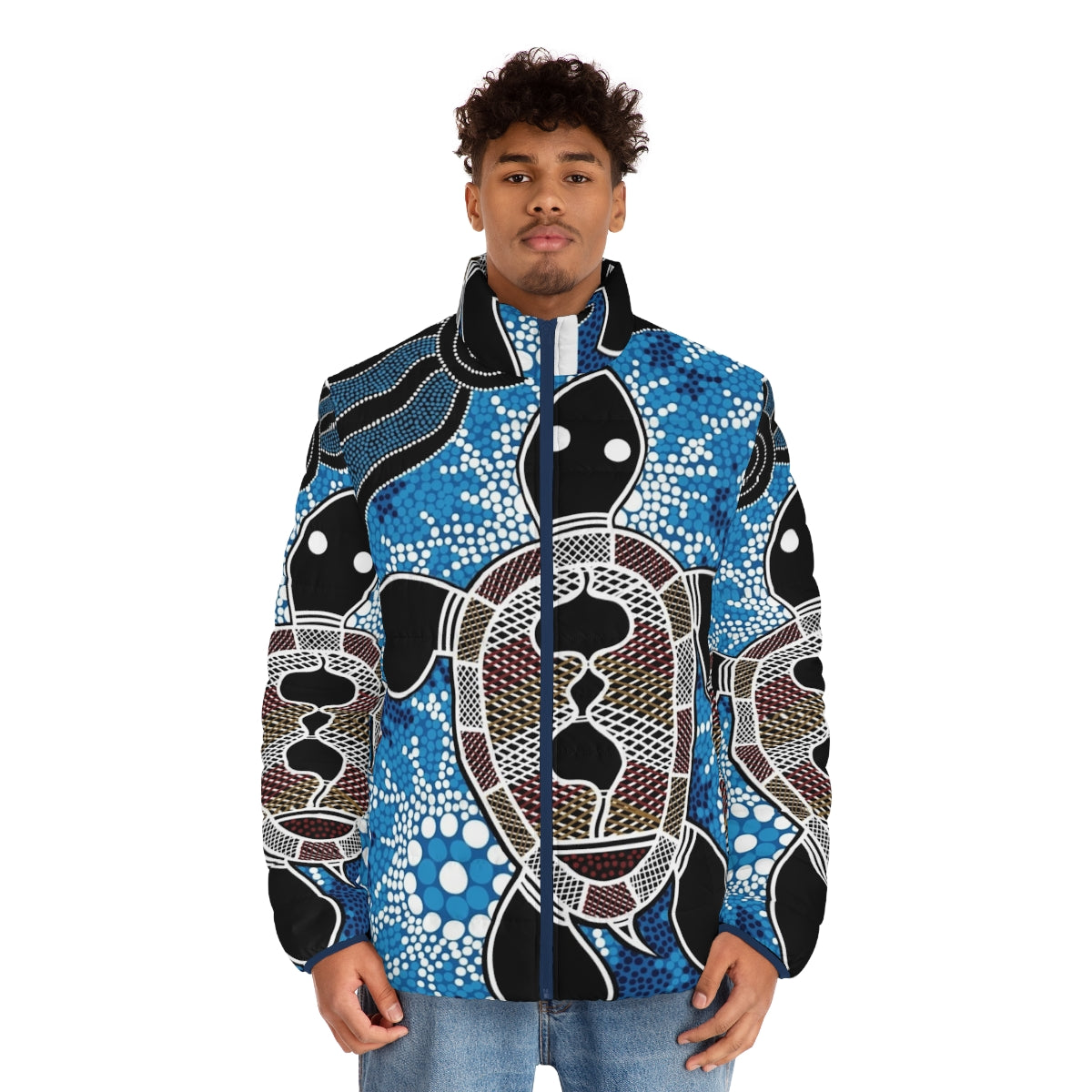 Authentic Aboriginal Art Sea Turtles Puffer Jacket, featuring indigenous Australian dreamtime art - men front