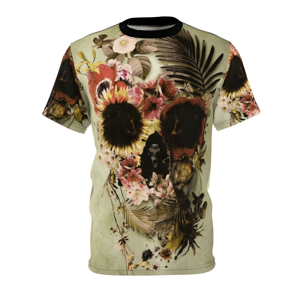 Artwork featuring a skull design with floral and nature elements, showcased on an all-over print t-shirt.