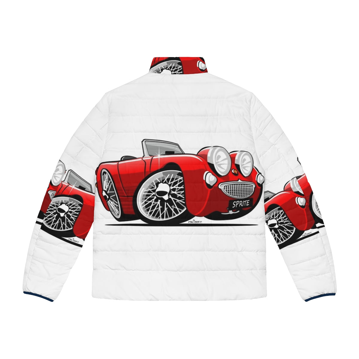 Austin Healey Sprite Caricature Red Puffer Jacket - Back