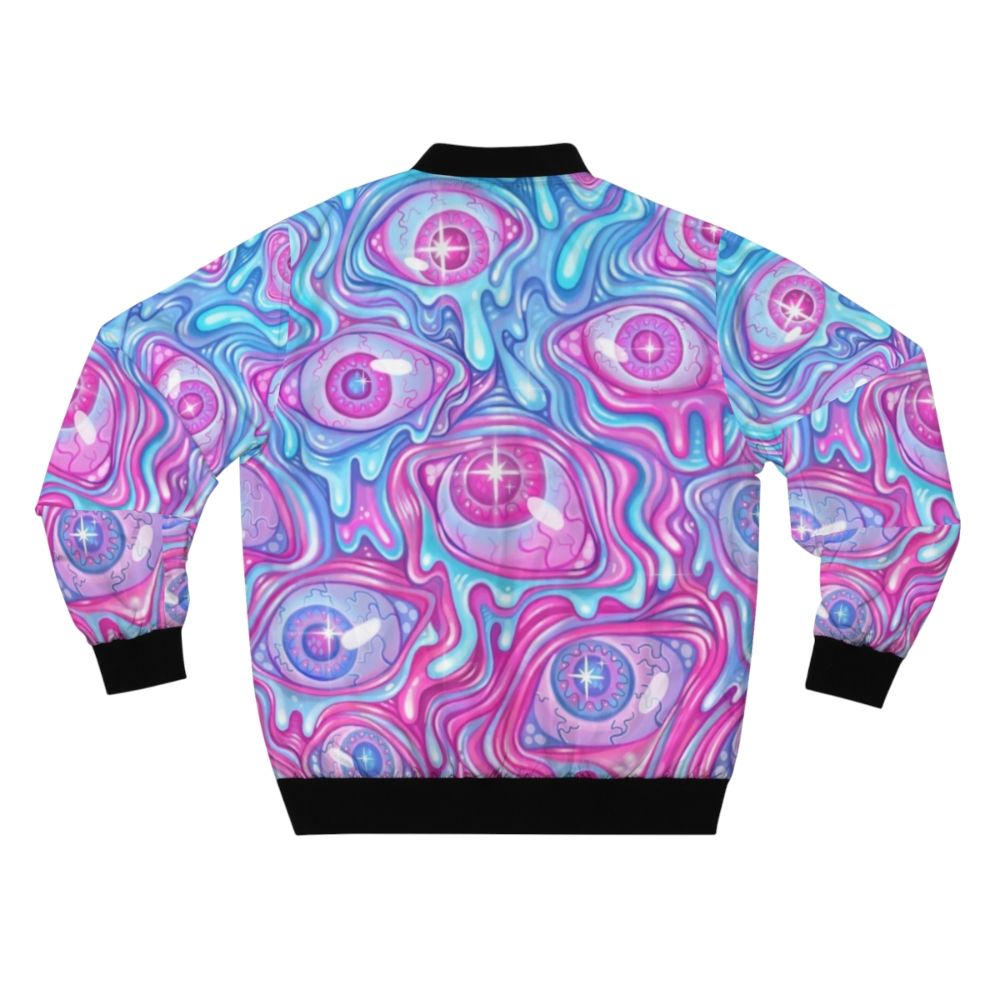 A colorful and creepy bomber jacket with an eyeball pattern design. - Back