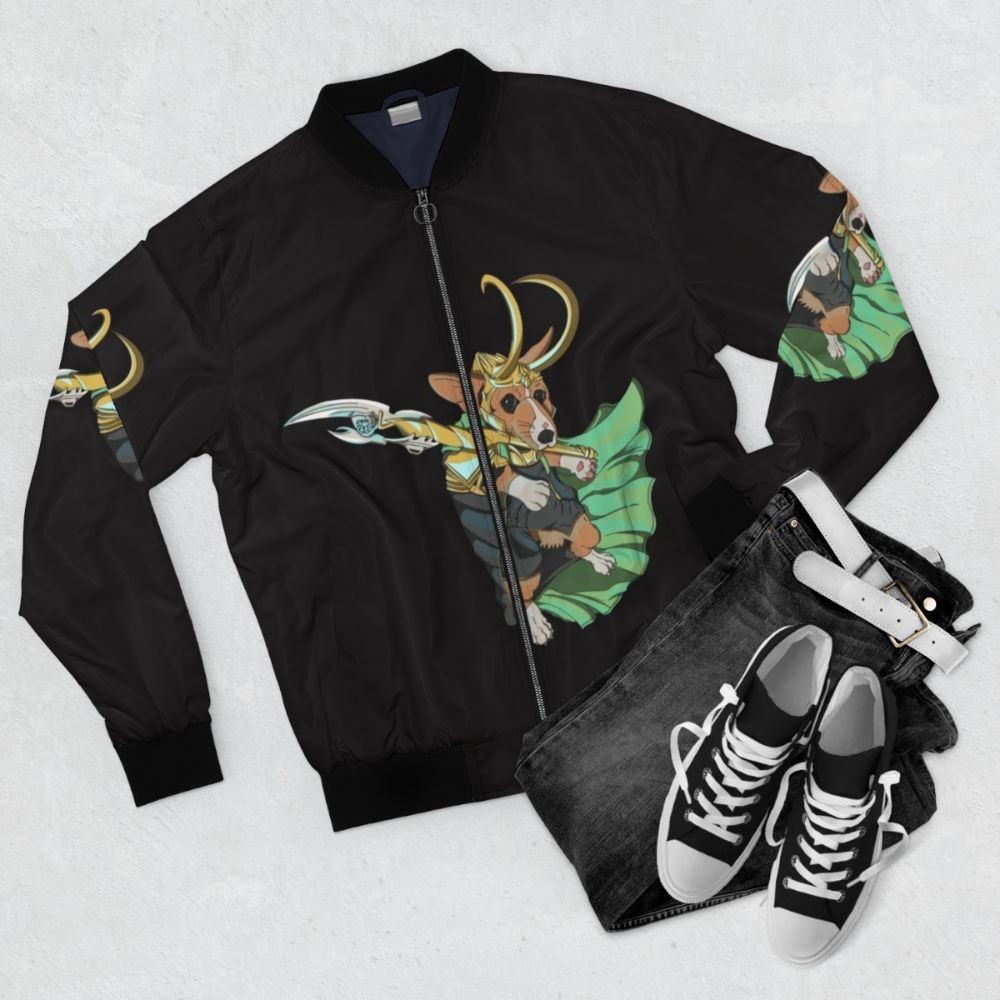 Bomber jacket with a Loki corgi of Asgard print - Flat lay