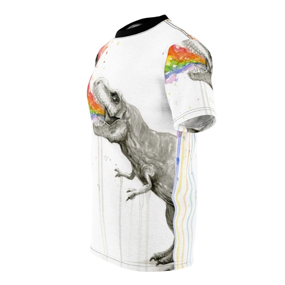 Whimsical illustration of a T-Rex dinosaur vomiting a rainbow of colors on a colorful t-shirt. - men left