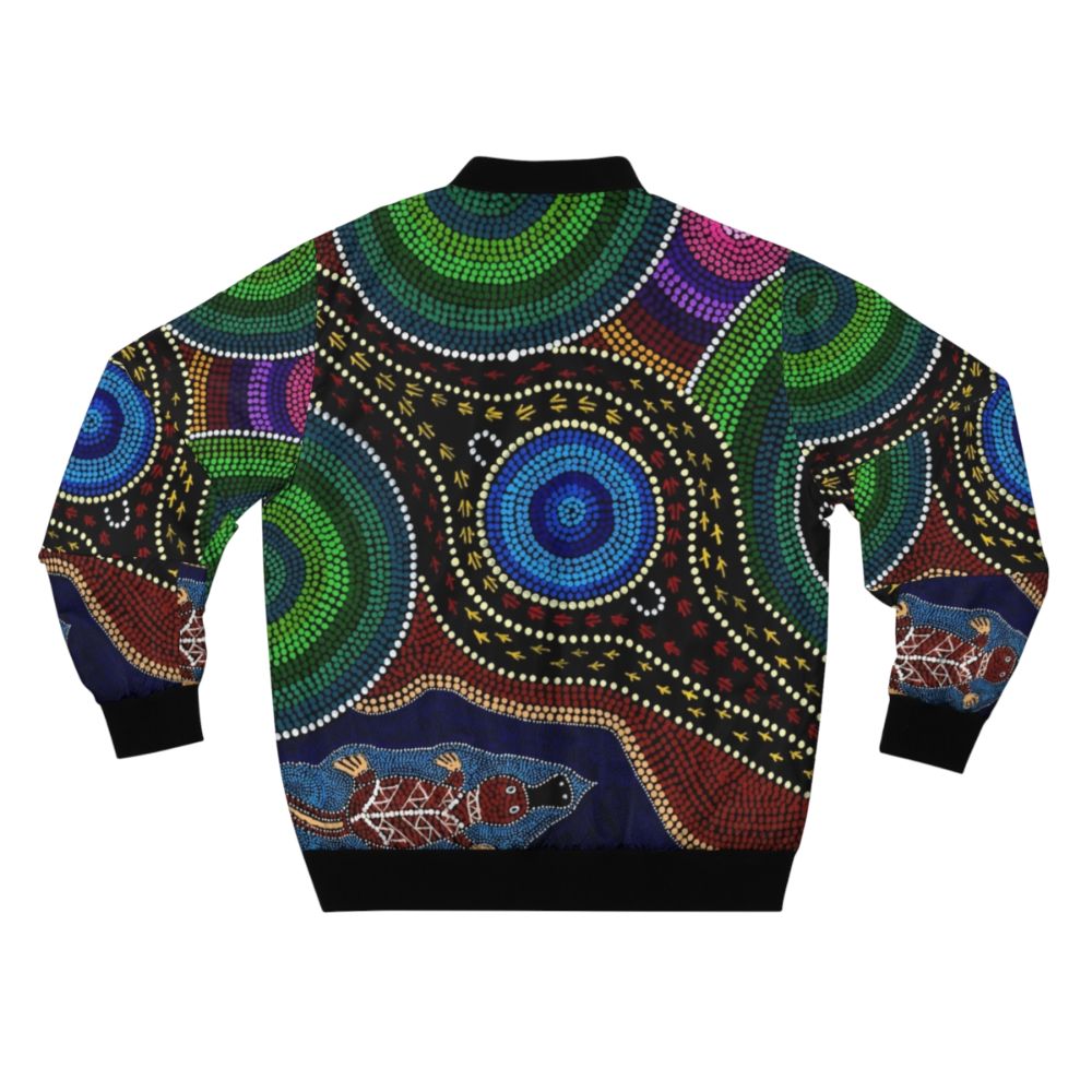 Australian-inspired platypus bomber jacket with aboriginal dot painting design by Koori Kicks Art - Back