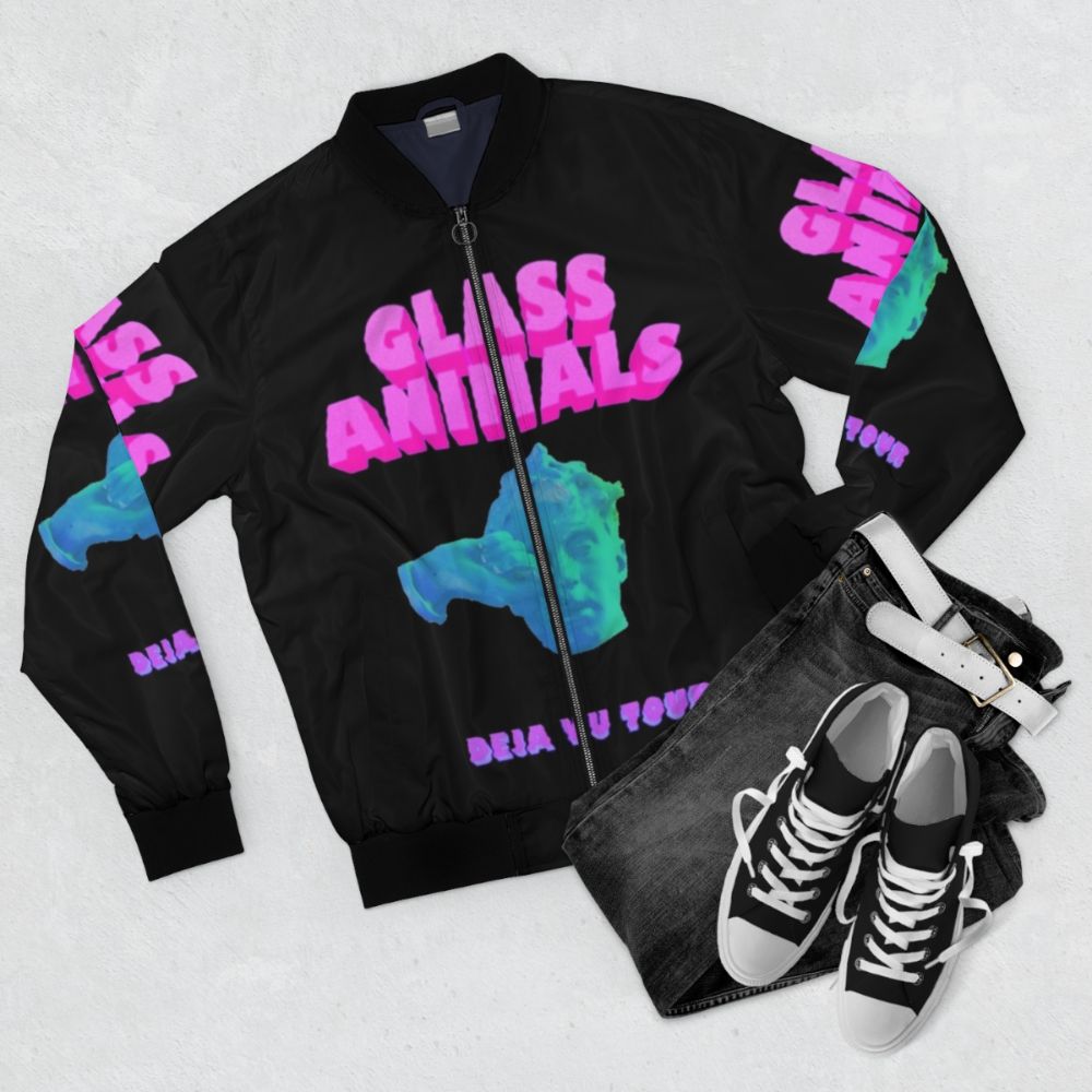 Glass Animals Deja Vu Bomber Jacket with the Glass Animals logo and "Deja Vu" text - Flat lay