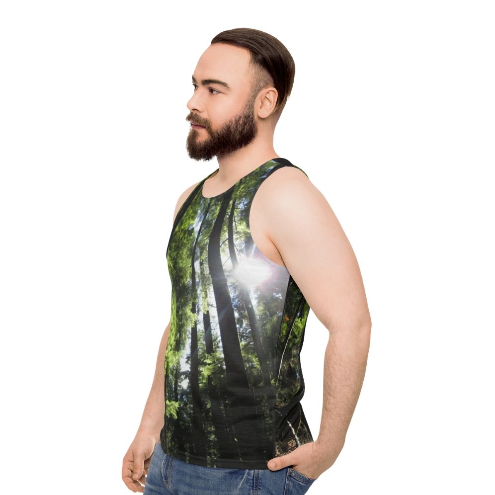 Sunlit fir tree unisex tank top - men side