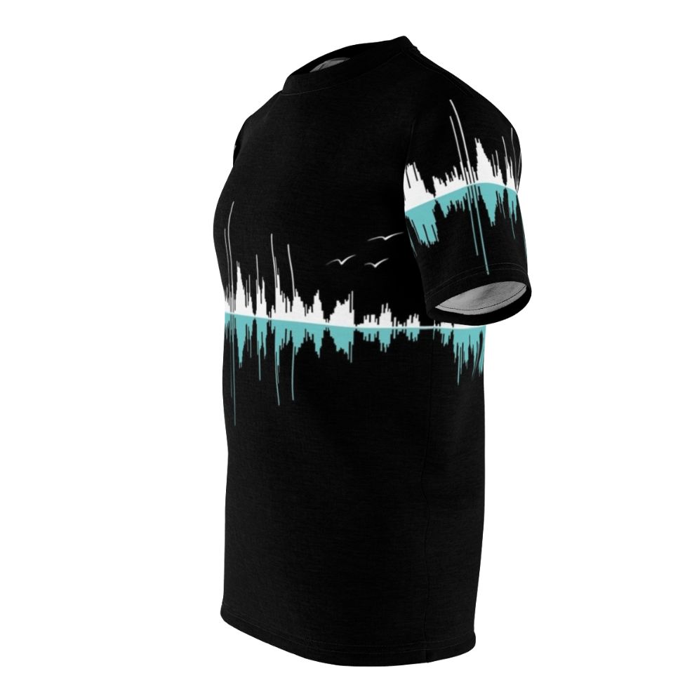 Black and white graphic t-shirt with a sound wave and city skyline design - men left