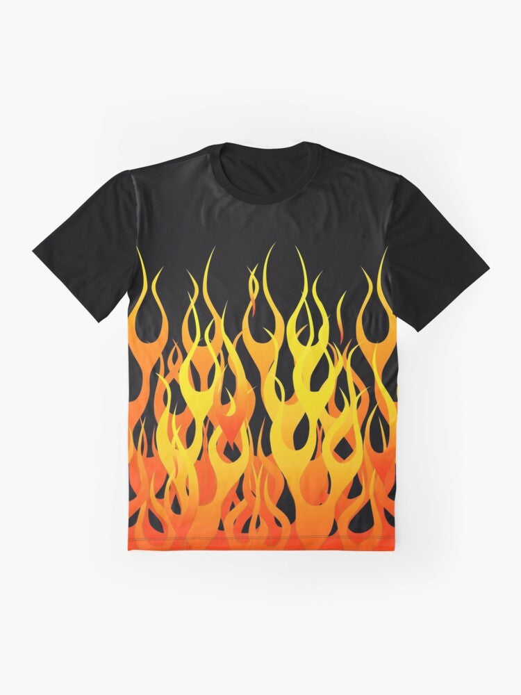 A high-quality graphic t-shirt featuring a dynamic racing flames design, perfect for car enthusiasts and motorsport fans. - Flat lay