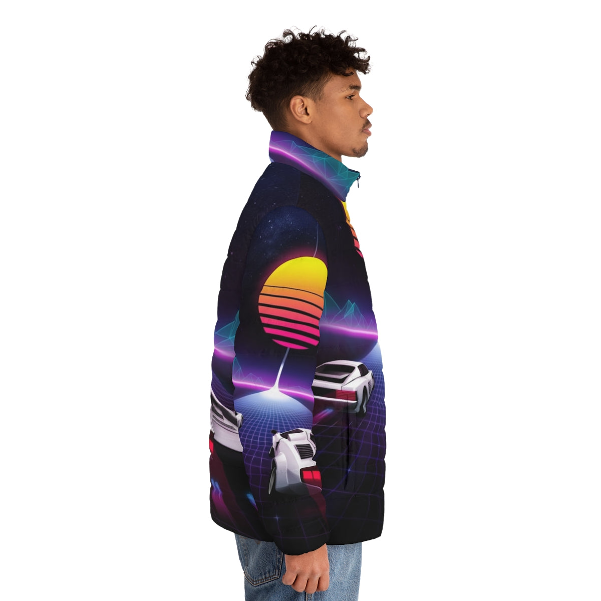 Neon Puffer Jacket with Cosmic Sky and Race Car Inspired Design - men side right