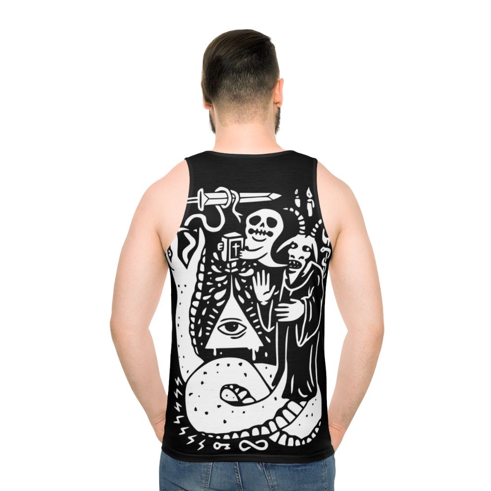 Occult unisex tank top with mystical cult design - men back