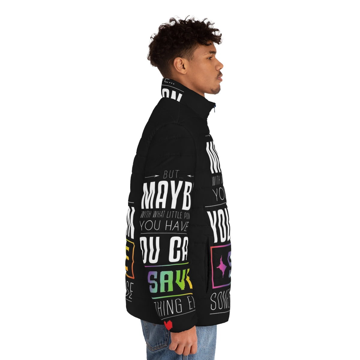 Undertale & Deltarune inspired puffer jacket with "Maybe You Can Save Something Else" quote - men side right