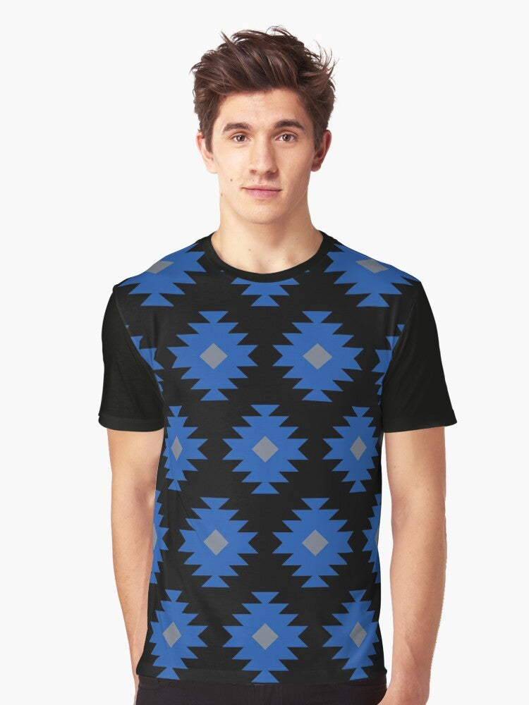 Southwestern Pattern Graphic T-Shirt featuring a native-inspired, geometric design in black, blue, and gray. - Men