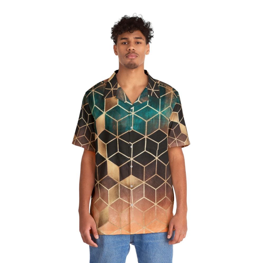 Ombre Cubes Hawaiian Shirt with Geometric Pattern - People Front