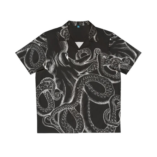 White octopus line art design on black Hawaiian shirt