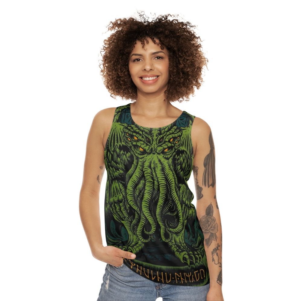 Unisex Tank Top with Cthulhu and Lovecraft Inspired Design - women