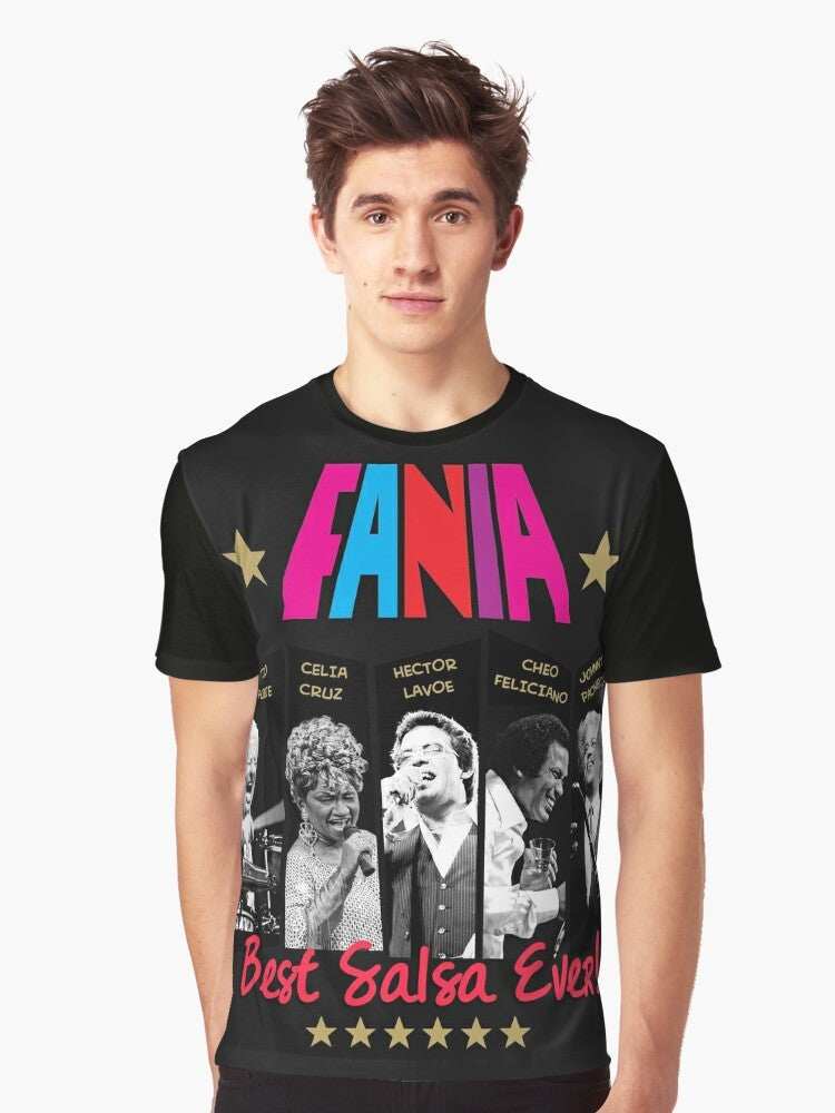 Fania graphic t-shirt featuring the best salsa singers like Celia Cruz, Hector Lavoe, and Tito Puente - Men