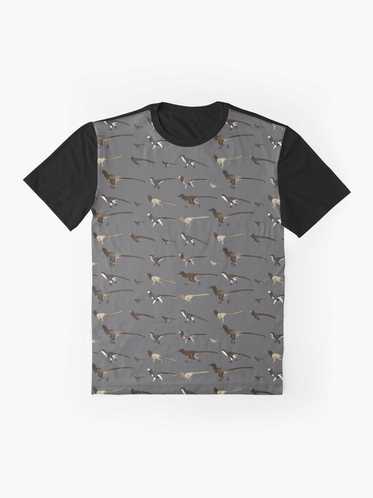 Graphic t-shirt featuring a velociraptor dromaeosaurid dinosaur design - Flat lay