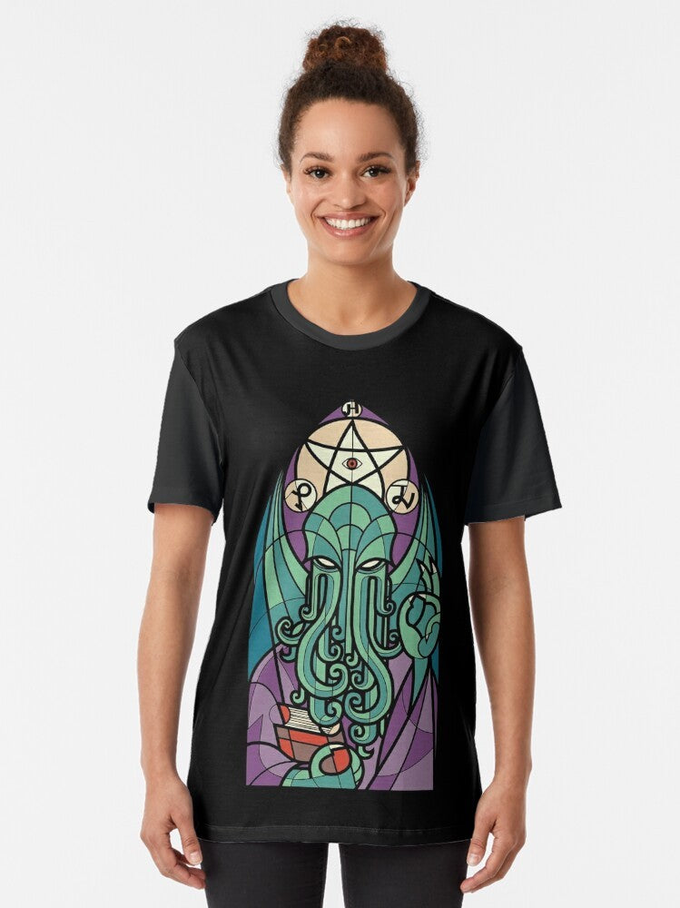 Cthulhu Cult Graphic T-Shirt with Lovecraftian Horror Tentacle Design - Women