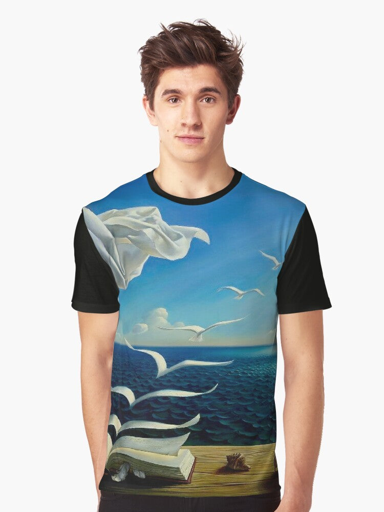 Vintage fantasy surreal print with birds, boats, and sun on a graphic t-shirt - Men