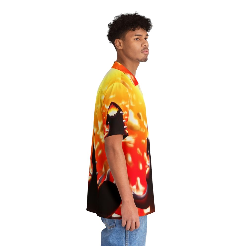 Groudon-inspired Hawaiian shirt with tropical landscape and Pokemon fan art design - People Pight