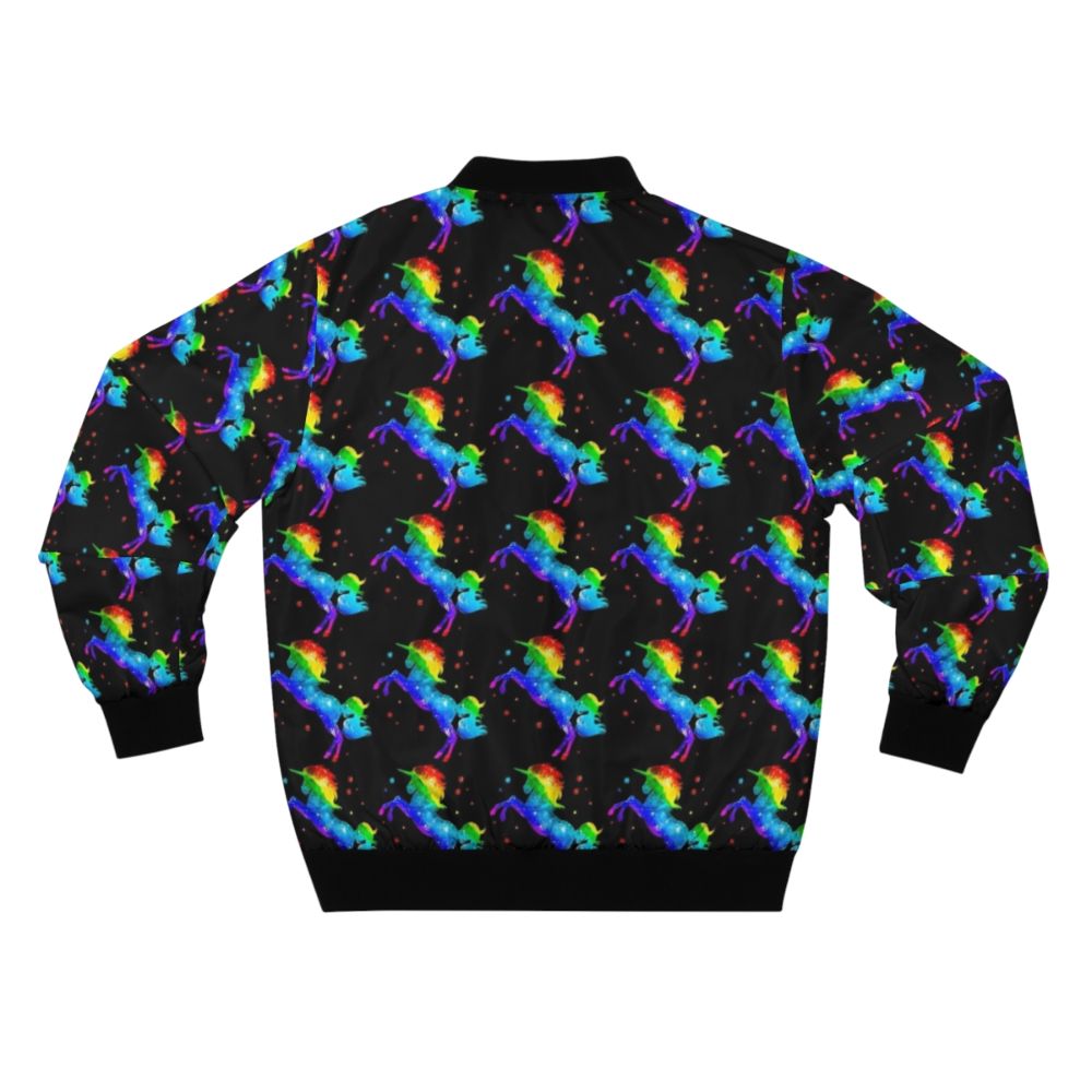 Galaxy unicorn bomber jacket with vibrant rainbow and cosmic star design - Back