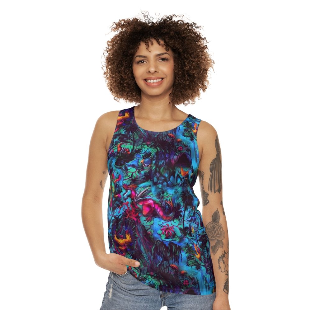 Paleo party dinosaur tank top with trippy neon prehistoric creatures - women