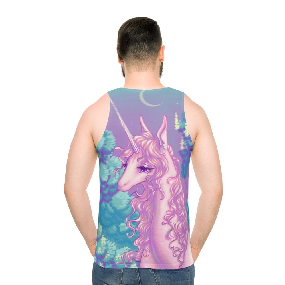 Unisex tank top featuring a glowing unicorn design in a forest setting from the classic 80s fantasy movie 'The Last Unicorn' - men back