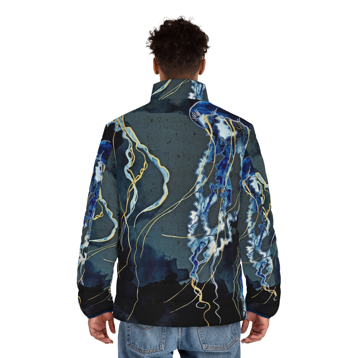 Metallic Ocean III Contemporary Puffer Jacket in blue and gold tones - men back