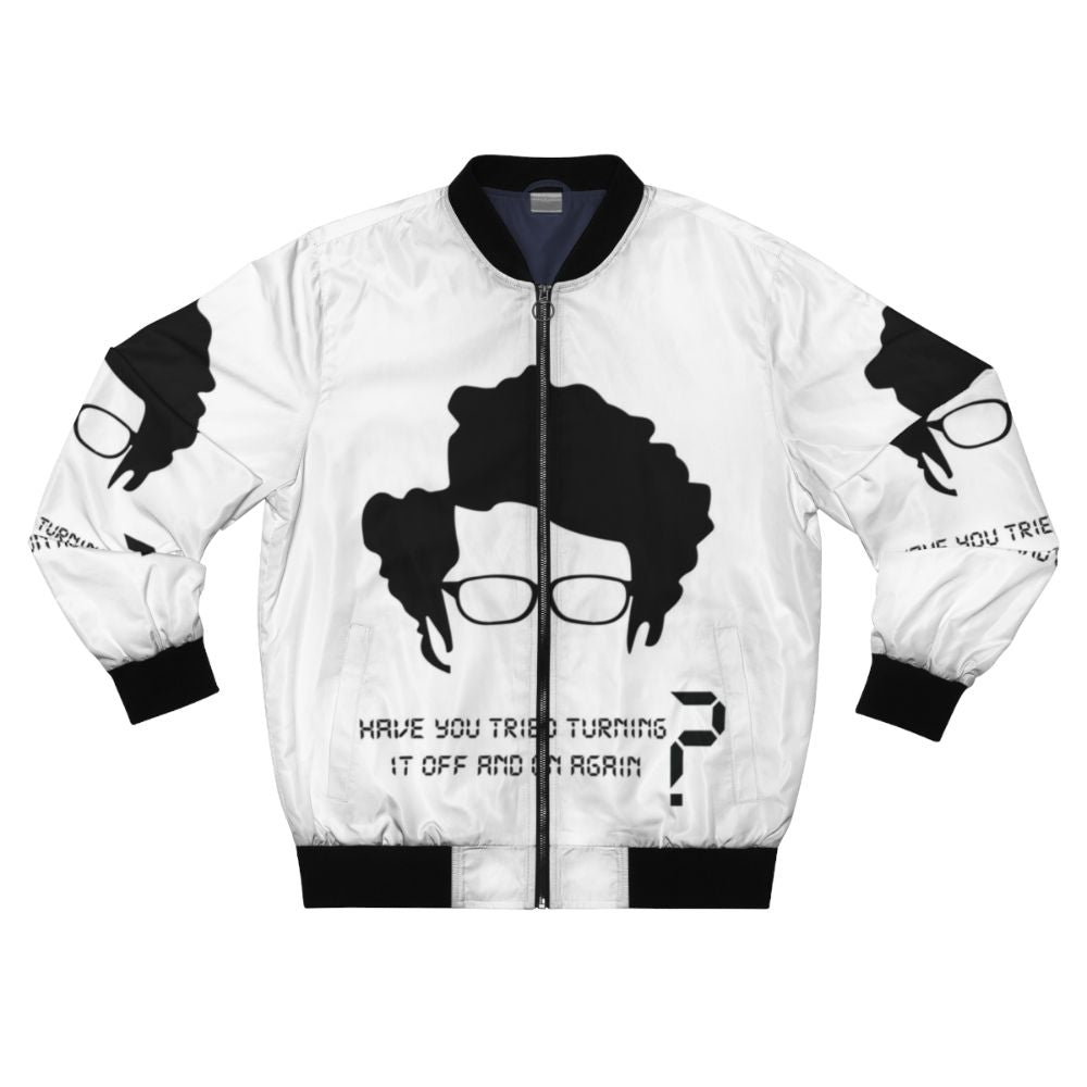 The IT Crowd Bomber Jacket with the show's iconic "Have you tried turning it off and on again?" phrase