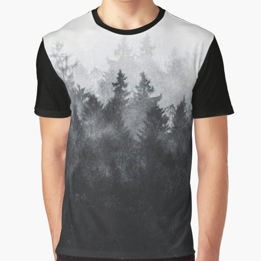 Vintage landscape graphic t-shirt featuring a nature scene with trees, fog, and mountains