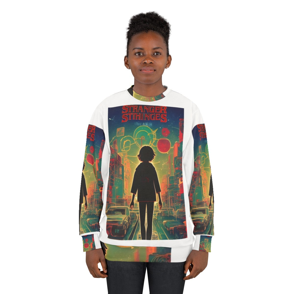 Stranger Things themed sweatshirt featuring characters and imagery from the popular Netflix series - women