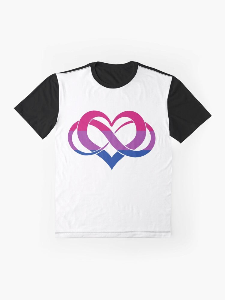 Bisexual pride LGBTQ polyamorous graphic t-shirt with watercolor bi flag, poly heart, and infinity symbol design - Flat lay