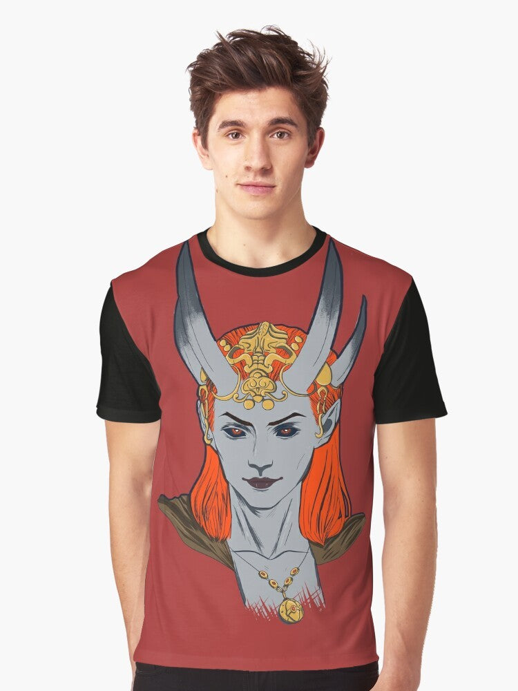 Mizora graphic t-shirt featuring a fantasy demon/cambion/tiefling character from the Baldur's Gate video game series. - Men