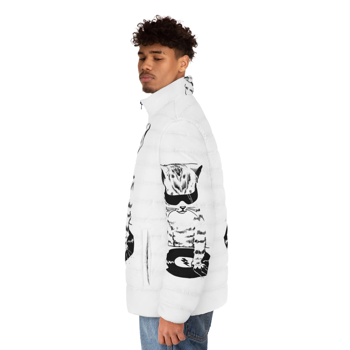 DJ Scratch Puffer Jacket with tabby cat and vinyl records - men side left