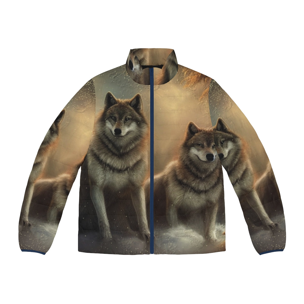 A warm puffer jacket featuring an original wolf design for winter outdoor activities