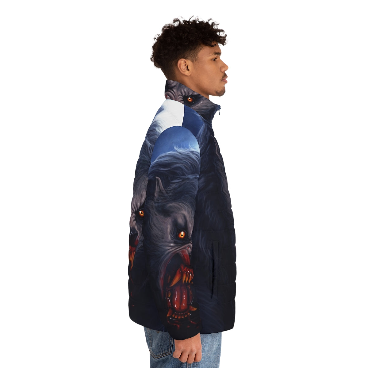 Beware the Moon Puffer Jacket featuring a classic werewolf design - men side right