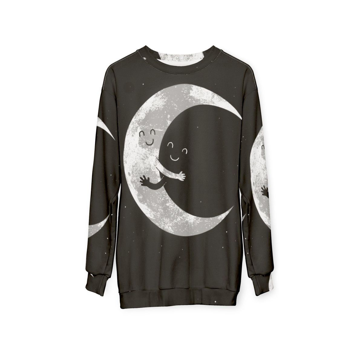 Celestial Moon Hug Sweatshirt with a smiley face moon design - hanging