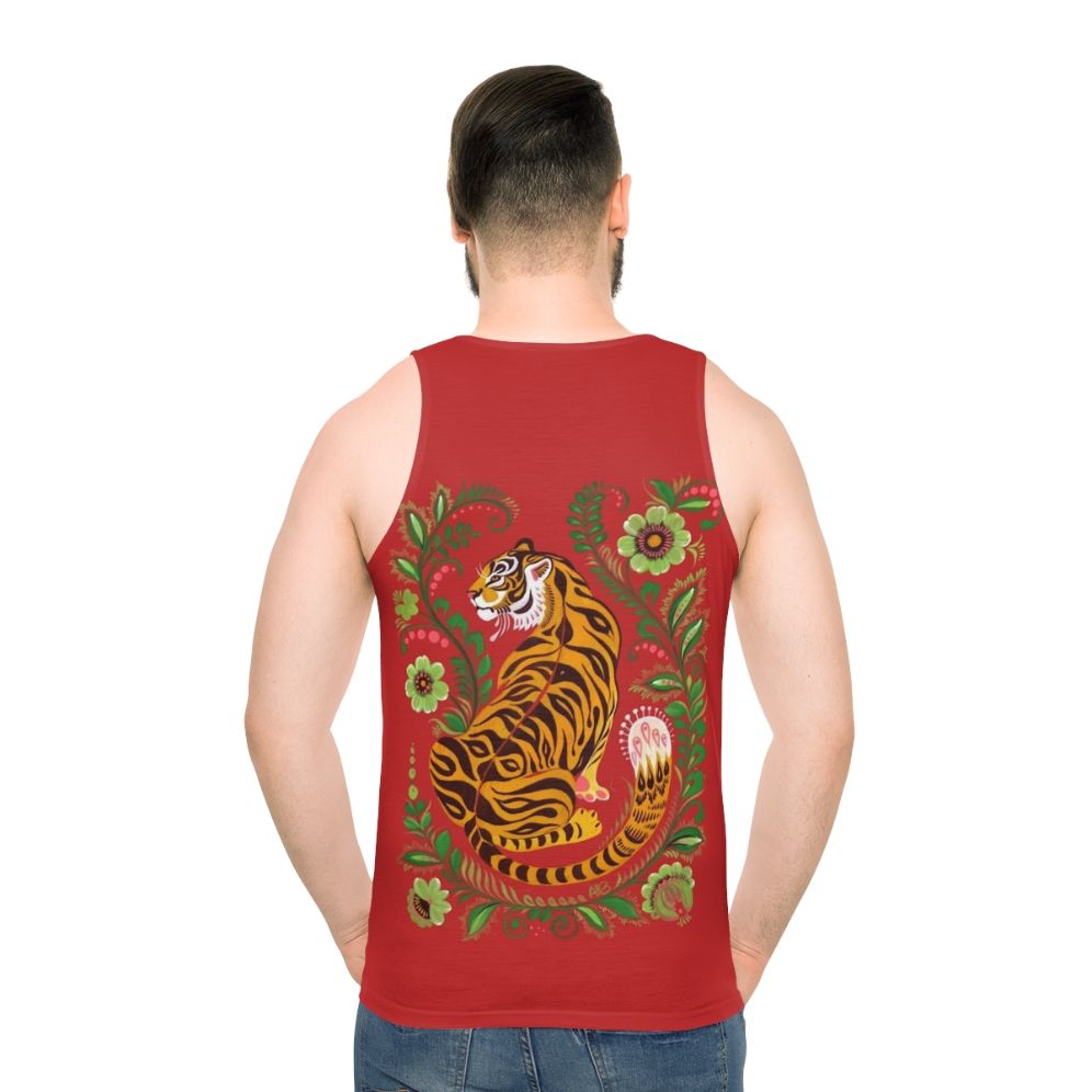 Unisex tank top with vibrant tiger folk art design - men back