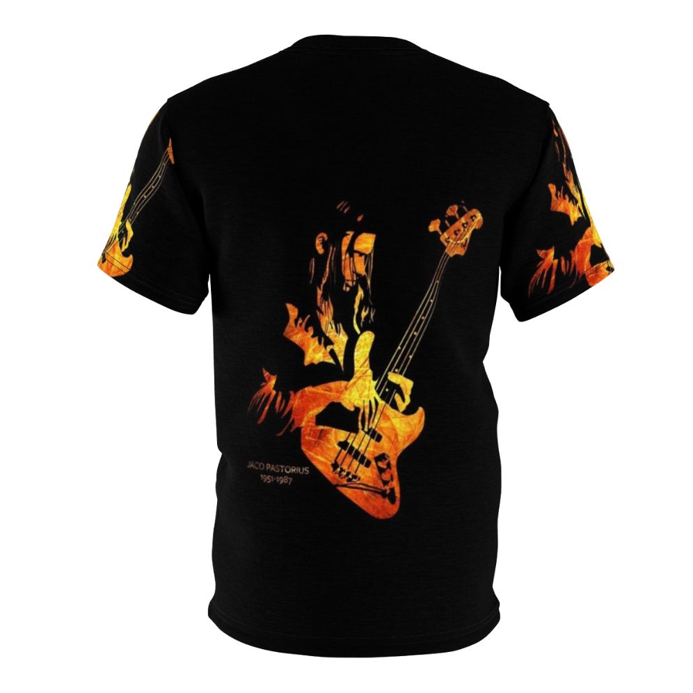 Jaco Pastorius tribute t-shirt featuring a fretless bass, honoring the legendary jazz fusion bassist - Back