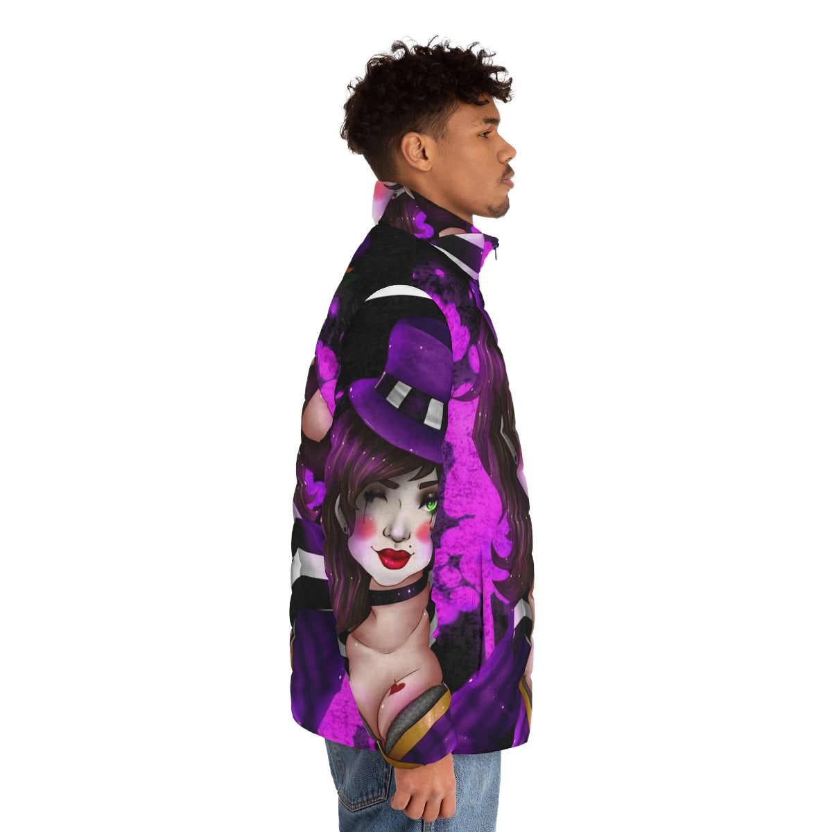 Miss Moxxi Borderlands inspired puffer jacket with black and purple color scheme - men side right