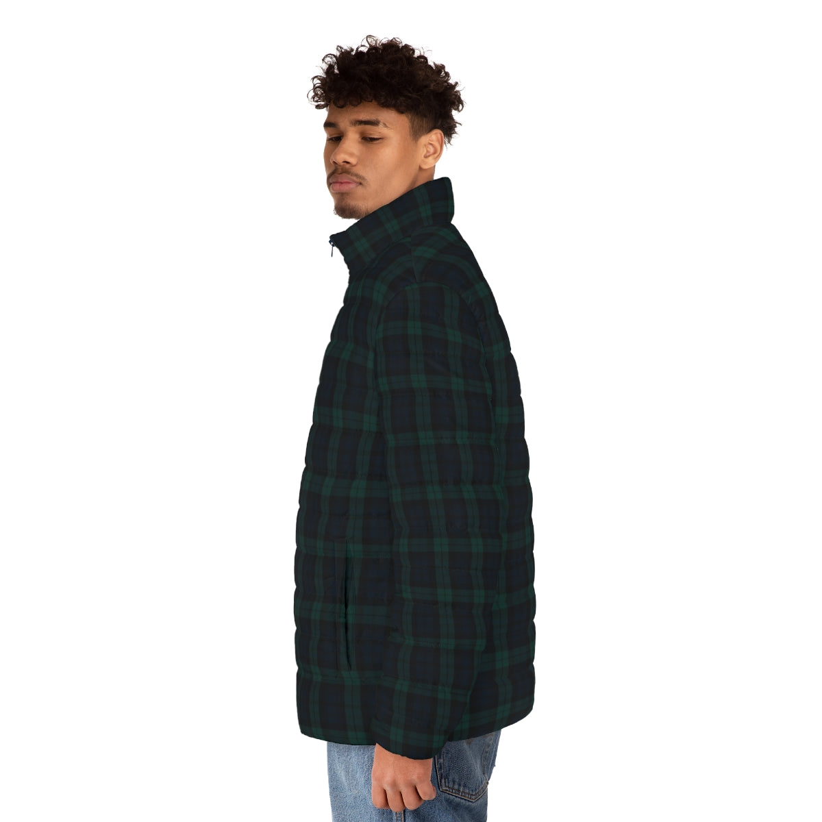 Green and blue tartan plaid puffer jacket - men side left