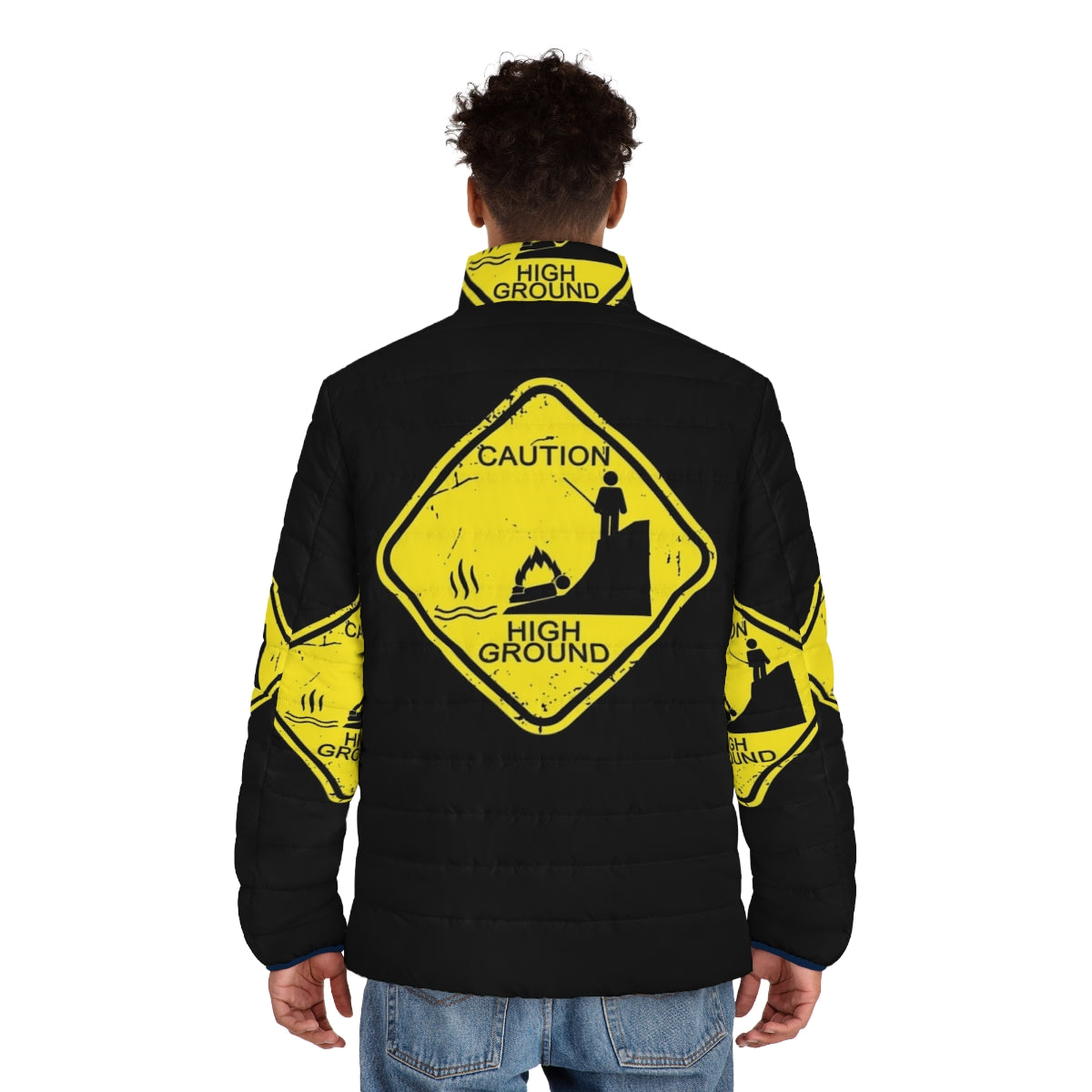 High ground caution puffer jacket with stick figure and star wars prequel meme inspired design - men back