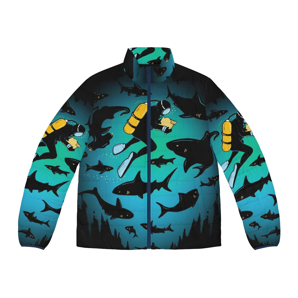 Puffer jacket with a screwed funny shark and diver illustration